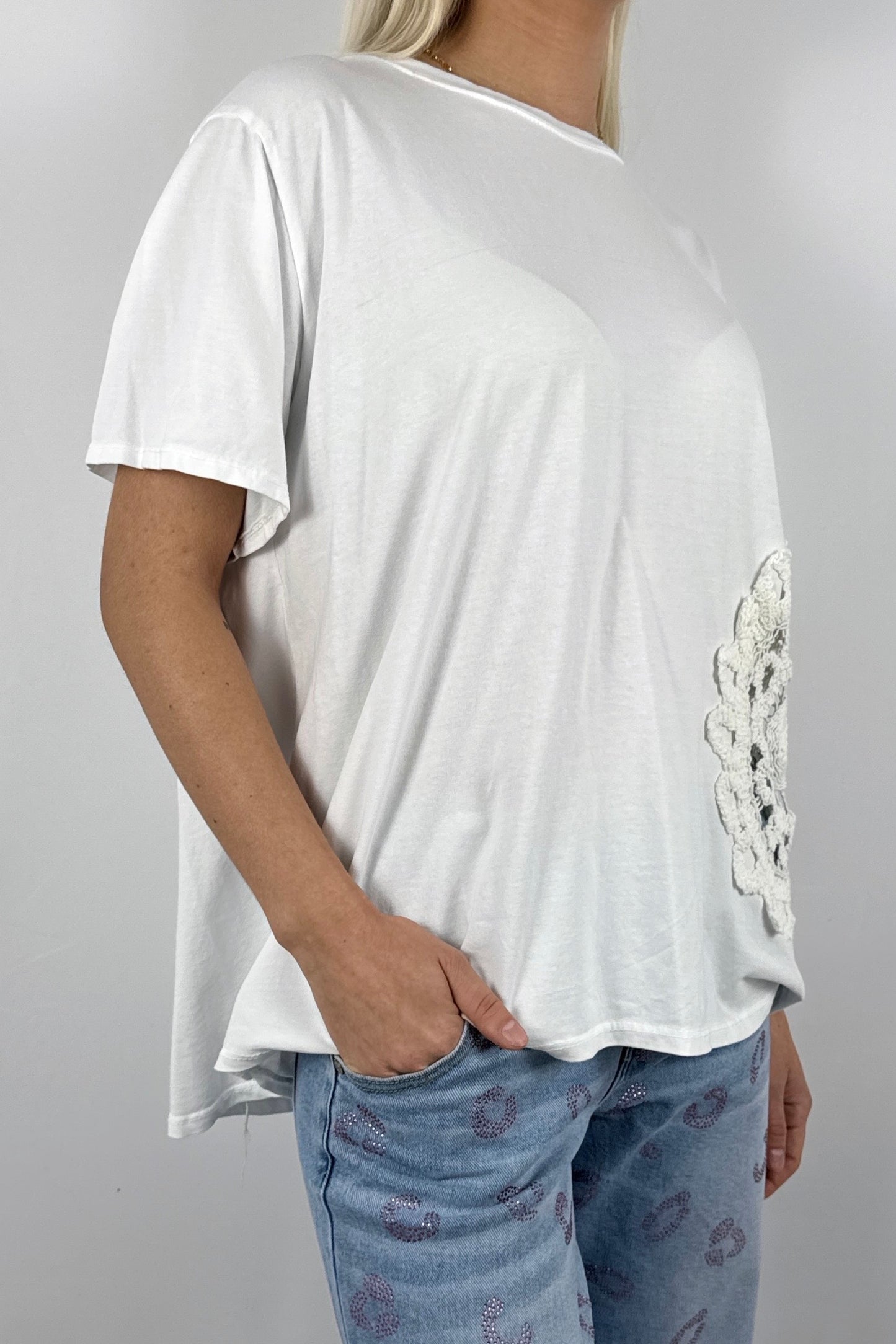 Shirt mit großem Häkel Muster-Weiß