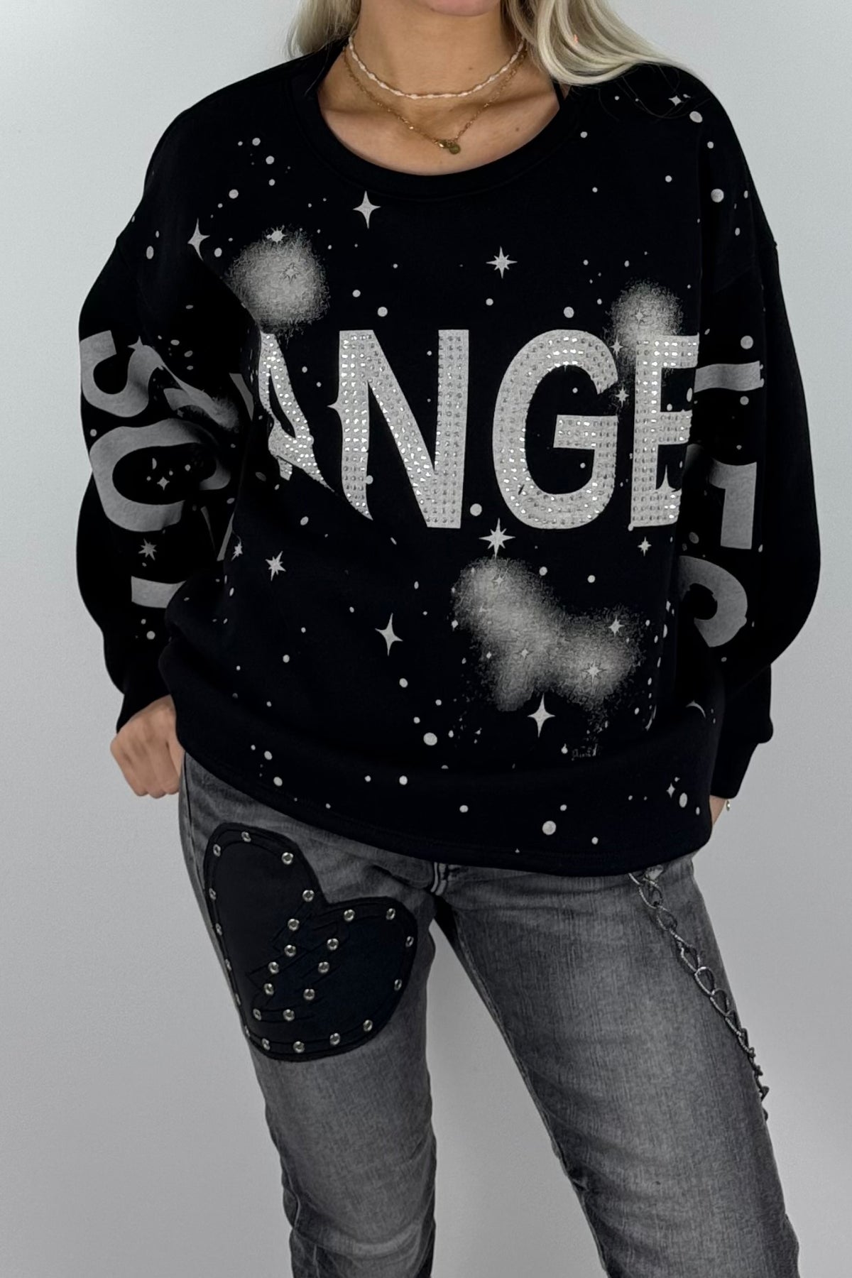 Damen-Sweatshirt mit „Los Angeles“-Schriftzug und Glitzersteinen - Schwarz