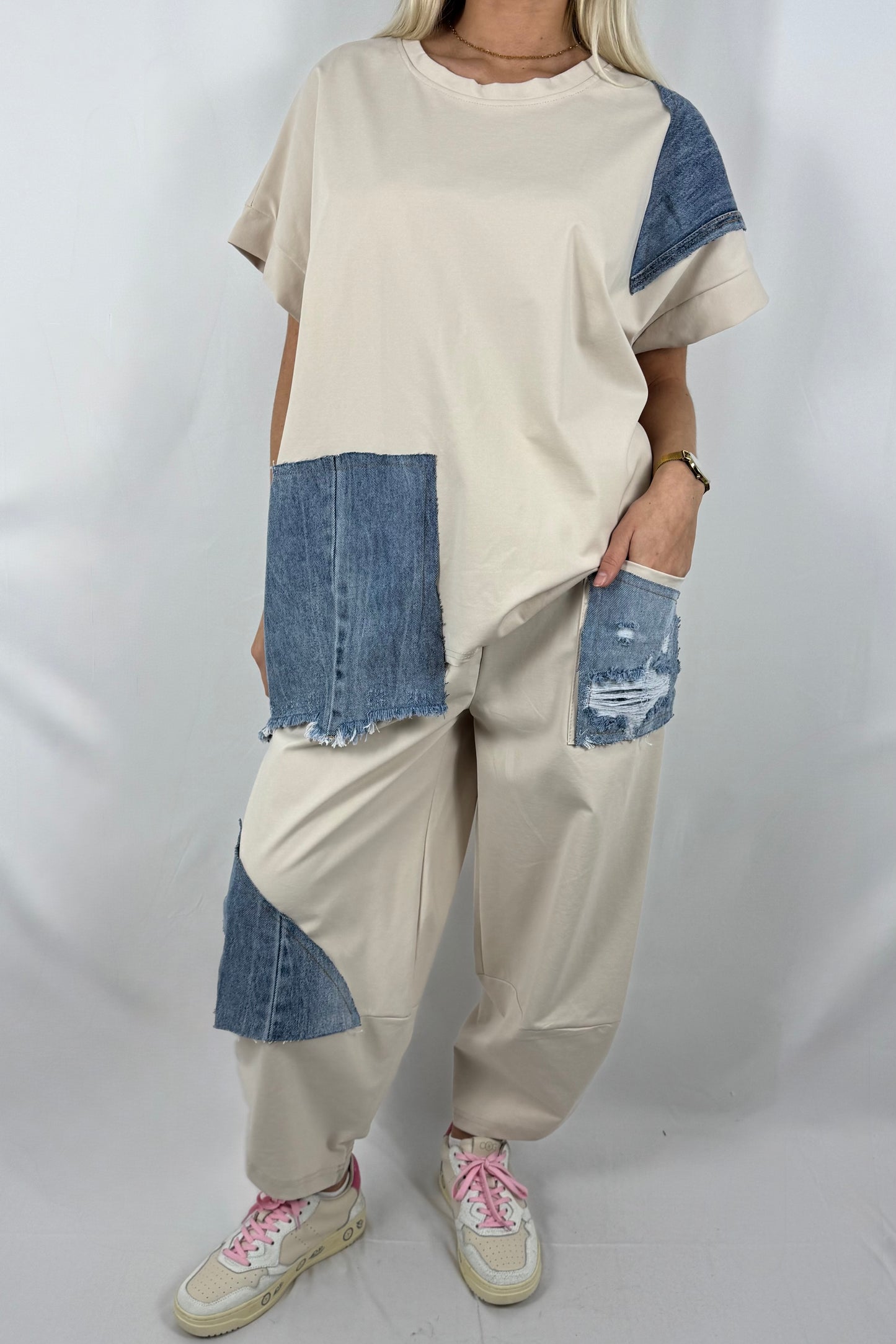 Damen Zweiteiler Set mit Denim Patch Details-Beige