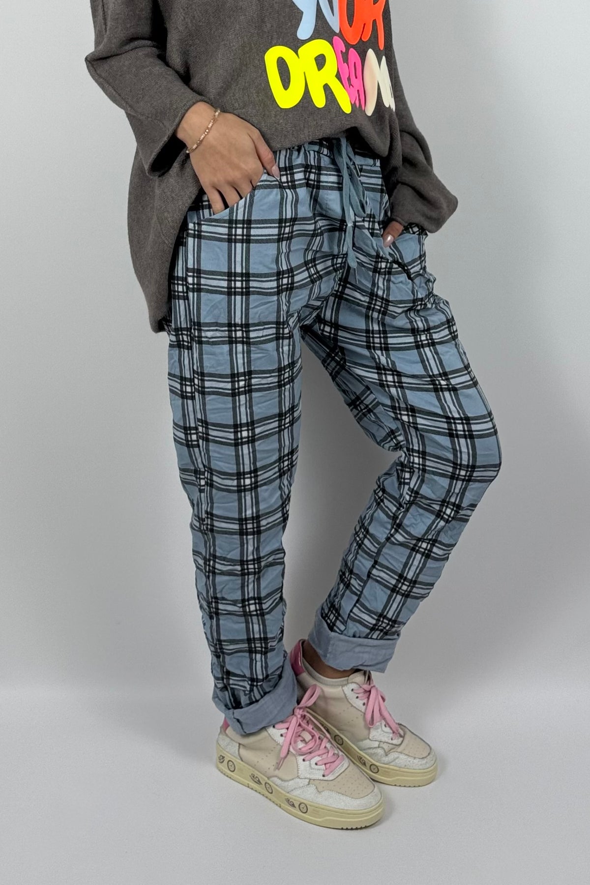 Damen Schlupfhose mit Karomuster- Blau