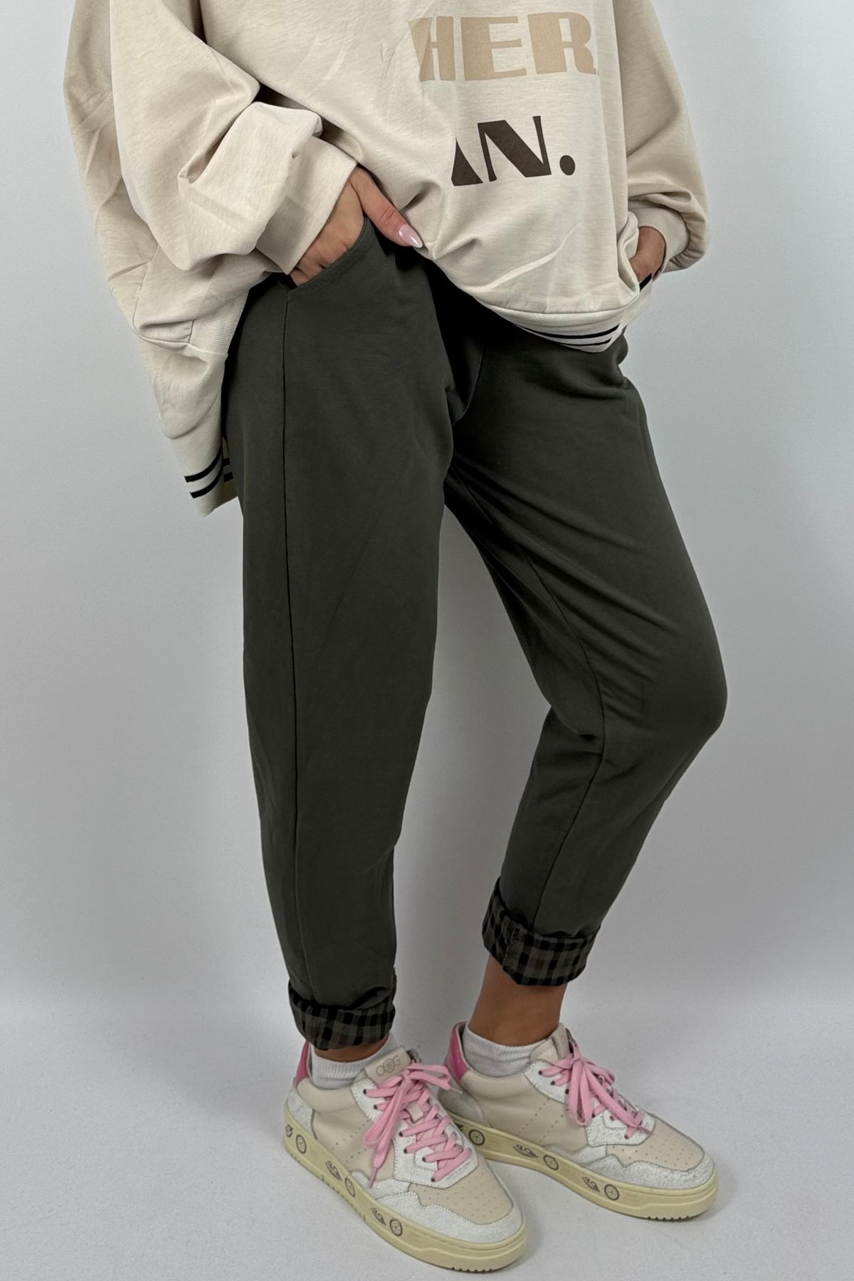 Damenhose mit Karomuster-Details & Bindegürtel-Khaki