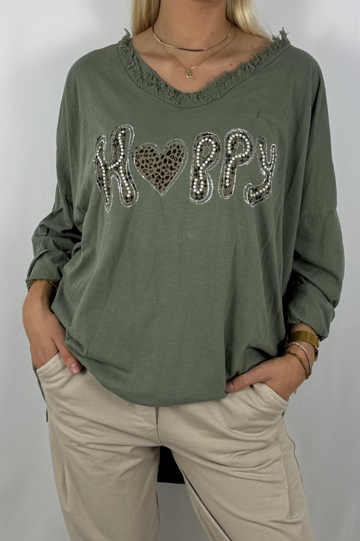 Damen Oversize Shirt – Happy Print-Khaki