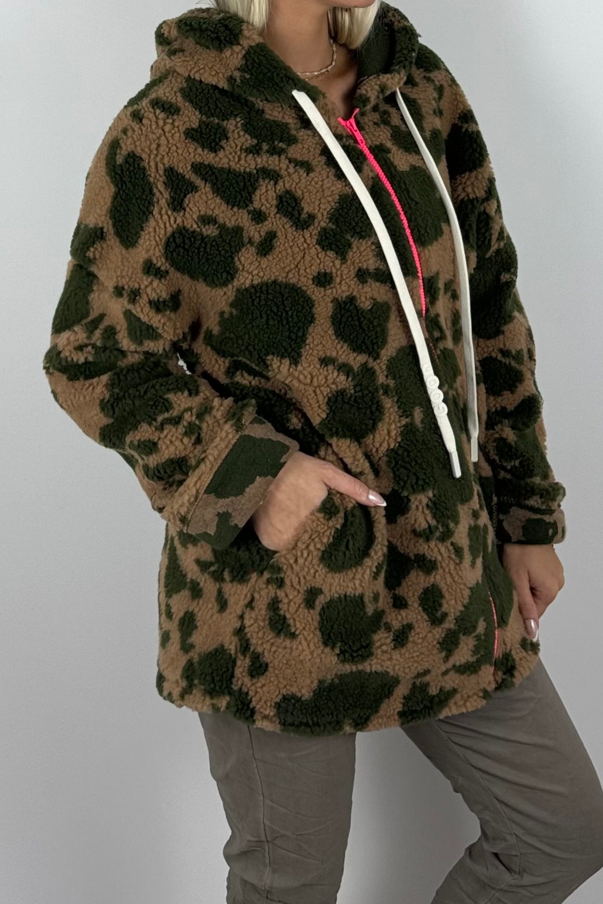 Damen Teddyjacke mit Kapuze-Khaki