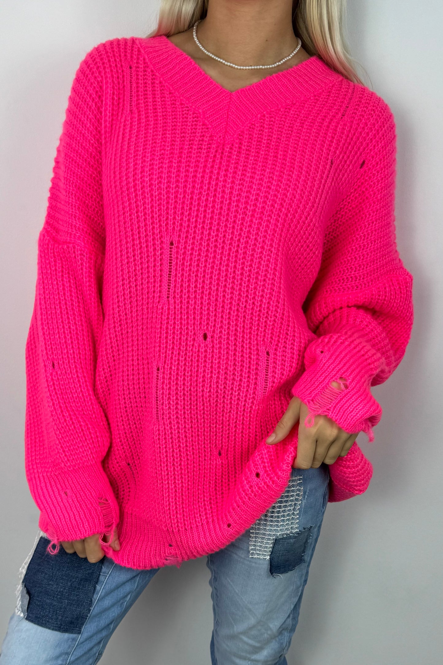 Oversize Strickpullover mit V-Ausschnitt – Pink