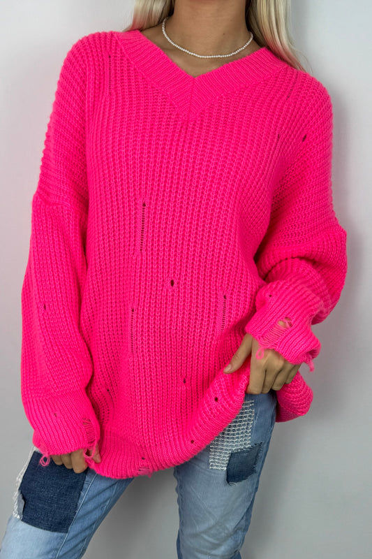 Oversize Strickpullover mit V-Ausschnitt – Pink