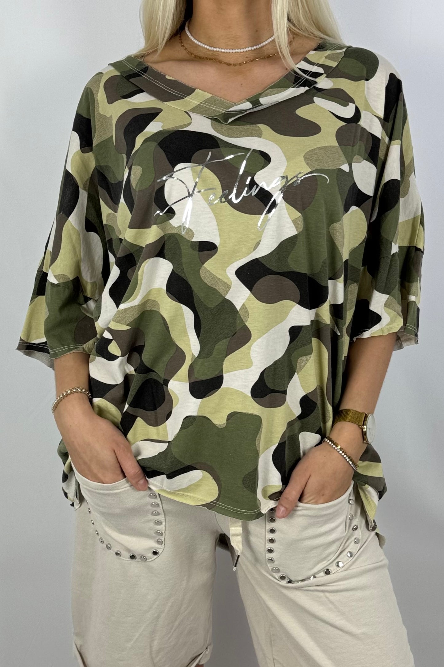 Oversize-Shirt im Camouflage-Look-Beige