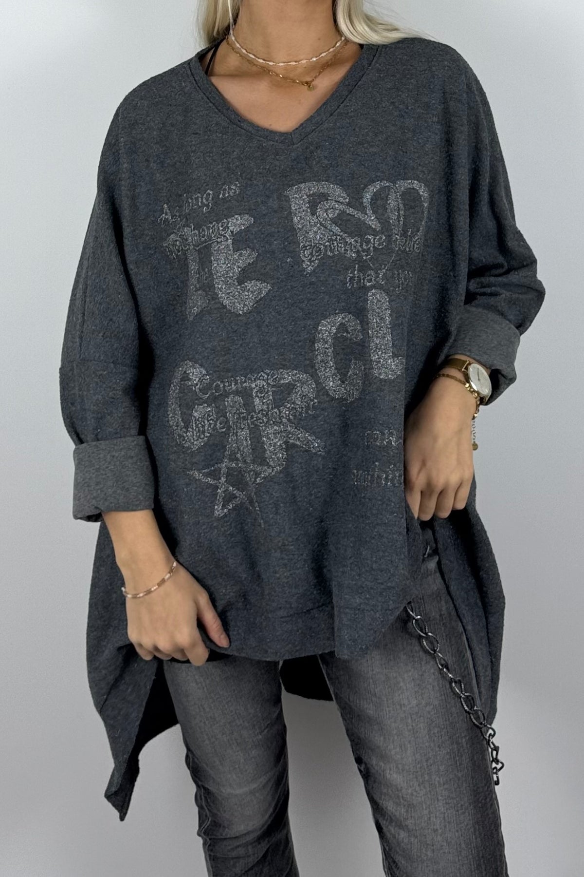Damen-Sweatshirt mit V-Ausschnitt und Glitzerprint-Anthrazit