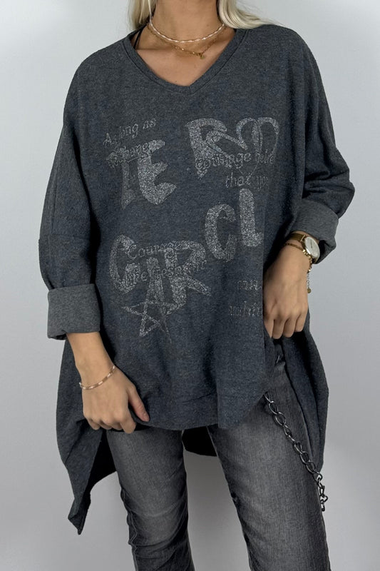 Damen-Sweatshirt mit V-Ausschnitt und Glitzerprint-Anthrazit