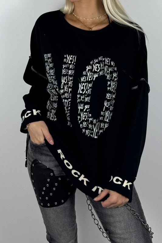 Damen-Sweatshirt mit „NO“-Print und „Rock It“-Bündchen-Schwarz