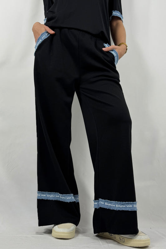 Damen Wide Leg Hose mit Bonjour Love Detail-Schwarz