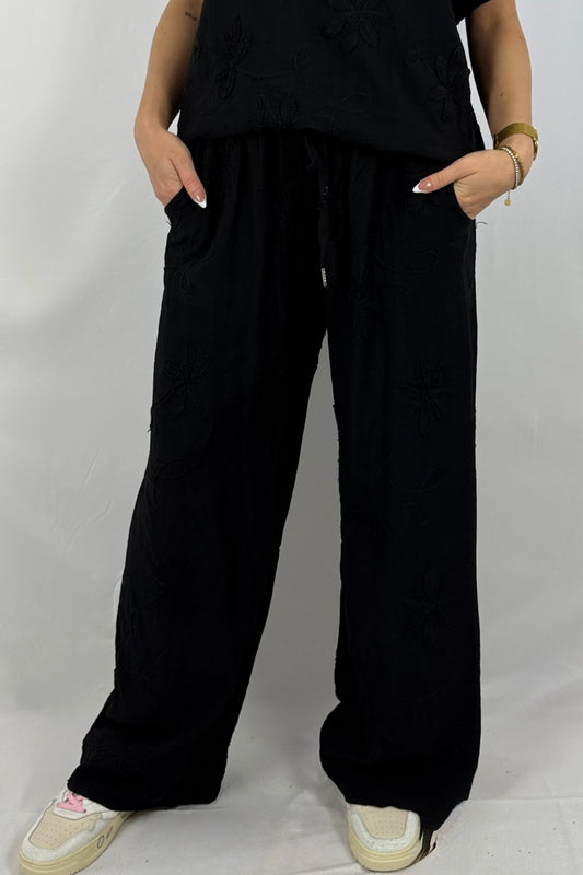 Bestickte Viskose-Hose – luftig & bequem -Schwarz