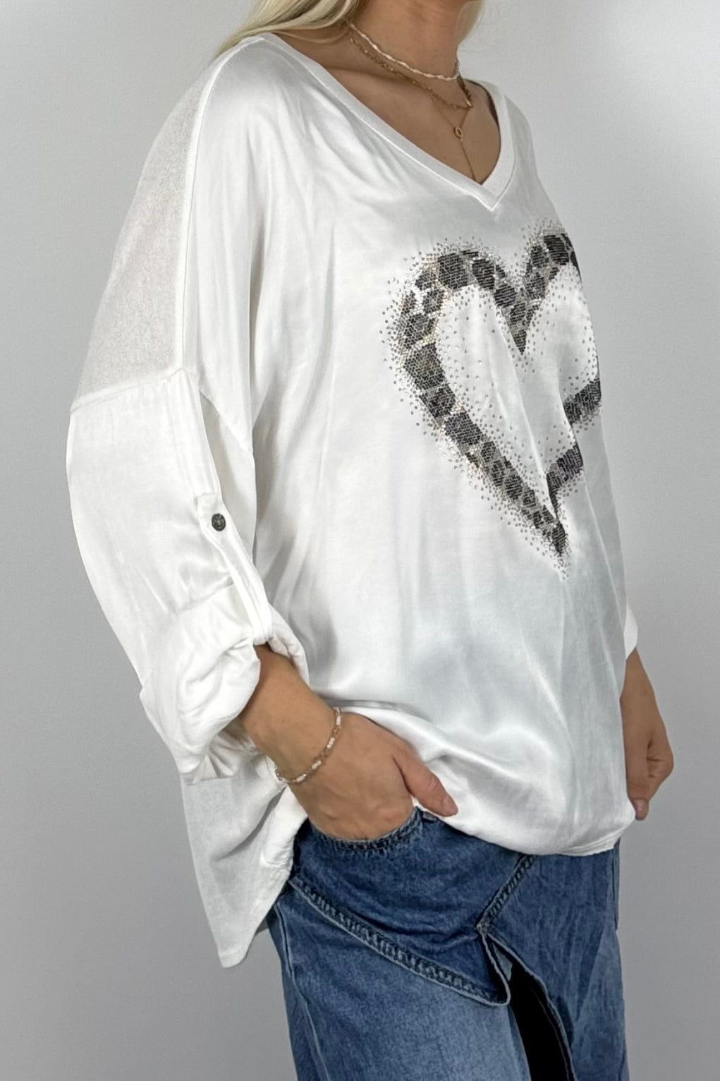 Damen Oversize Shirt mit Herz & Glitzer – Weiß