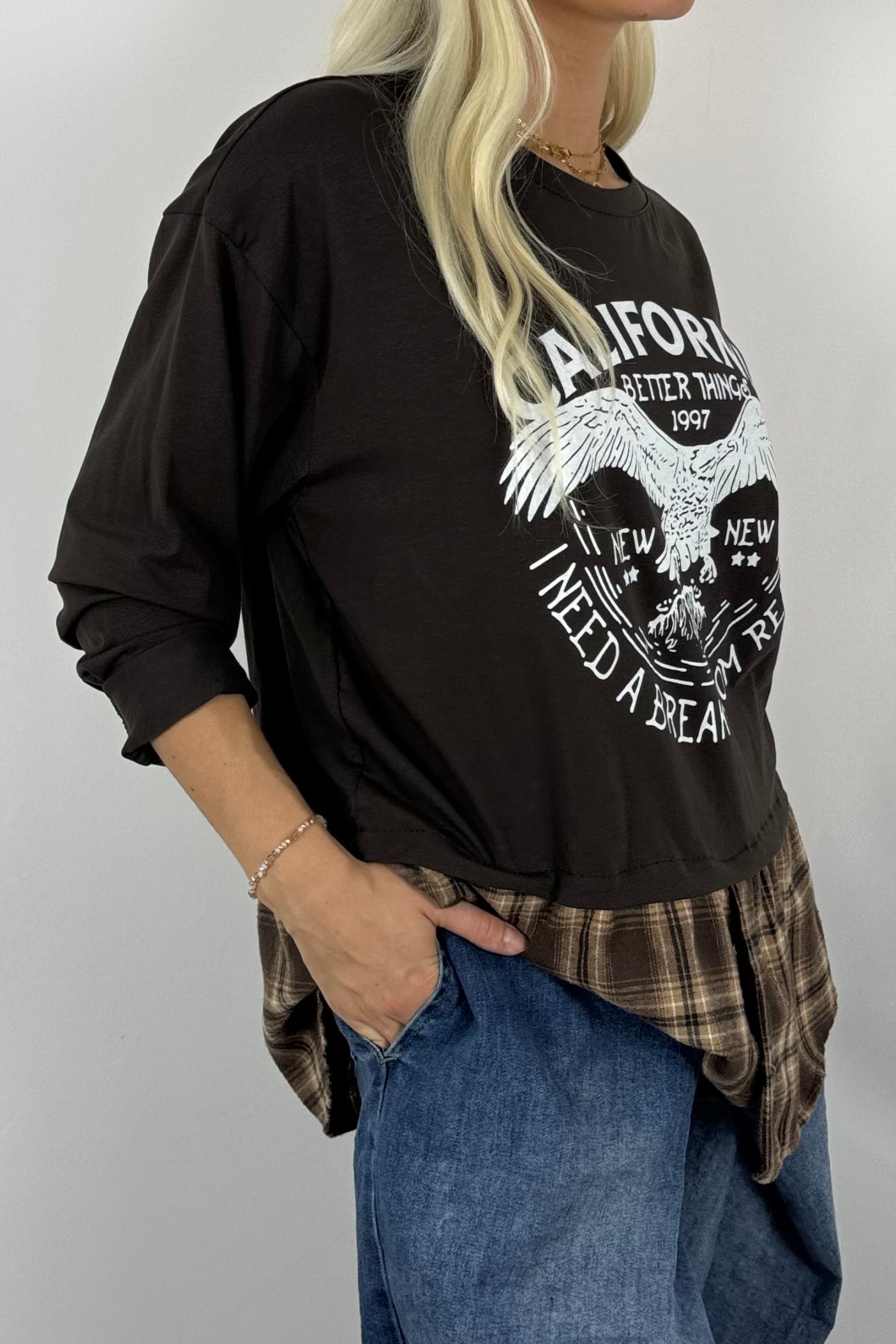 Damen Layering-Shirt „California“ – Karomuster-Look-Schoko