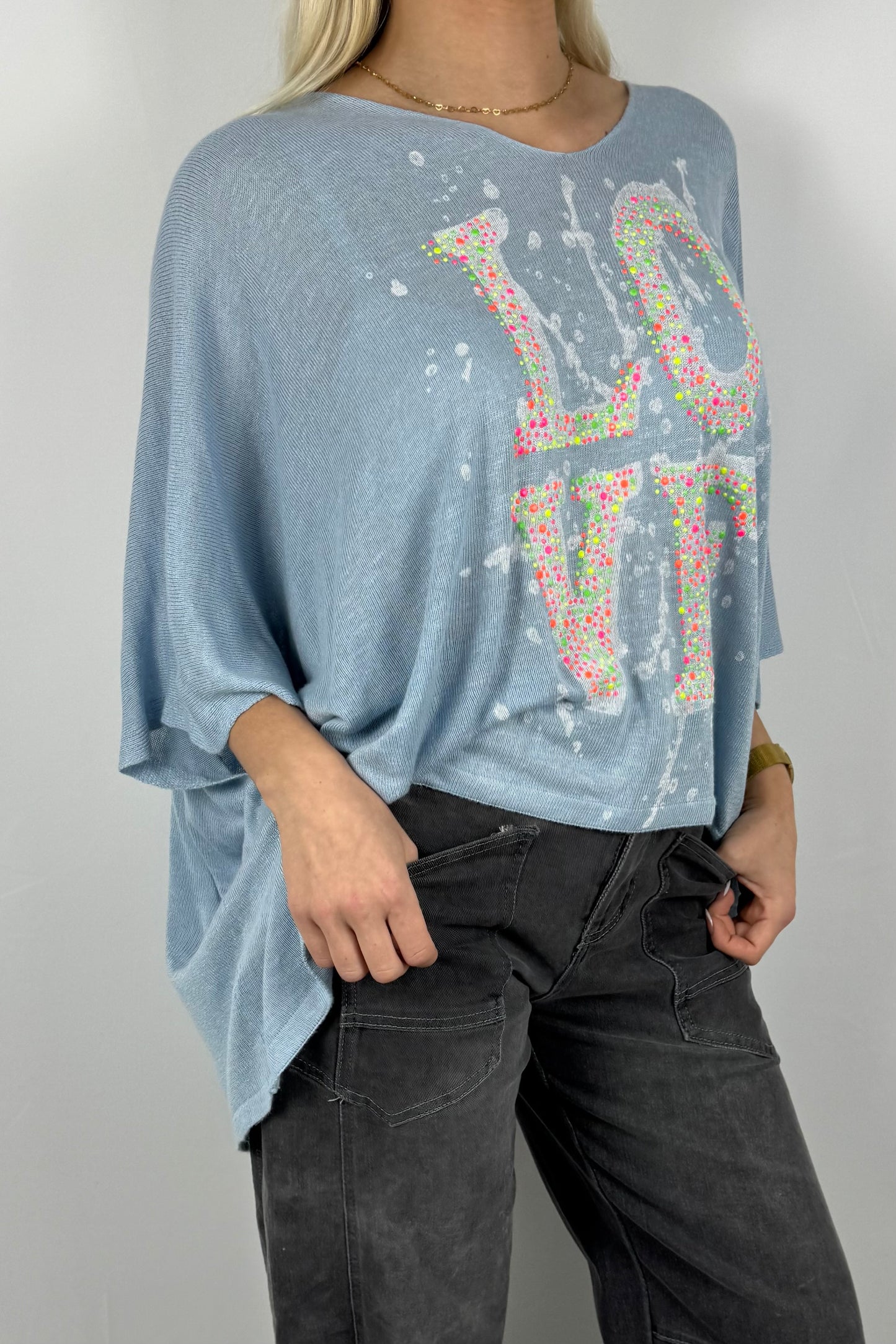 Strickshirt LOVE mit Strass Details Damen-Hellblau