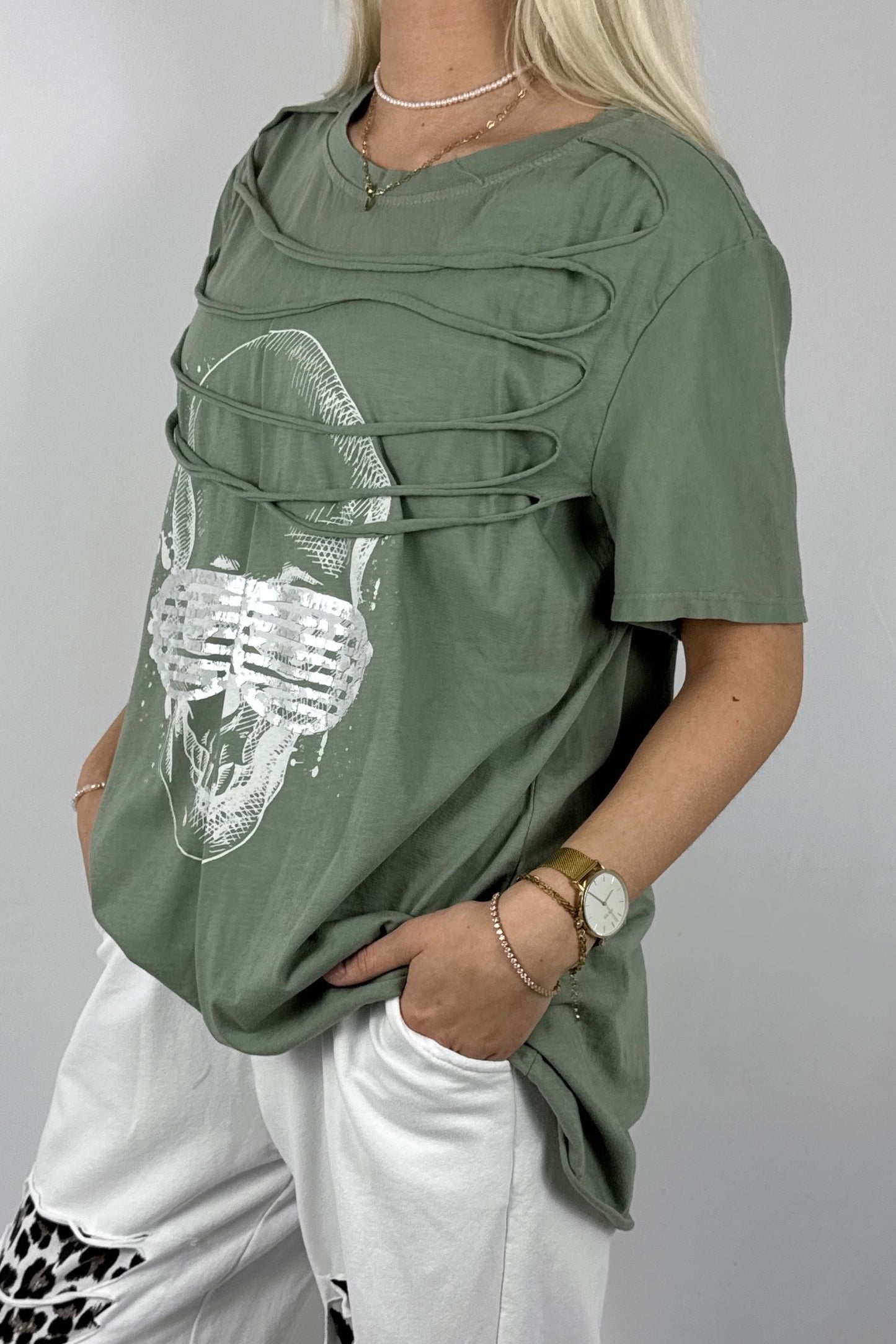 Oversize Shirt mit Skull Print – Moderner Streetstyle-Khaki