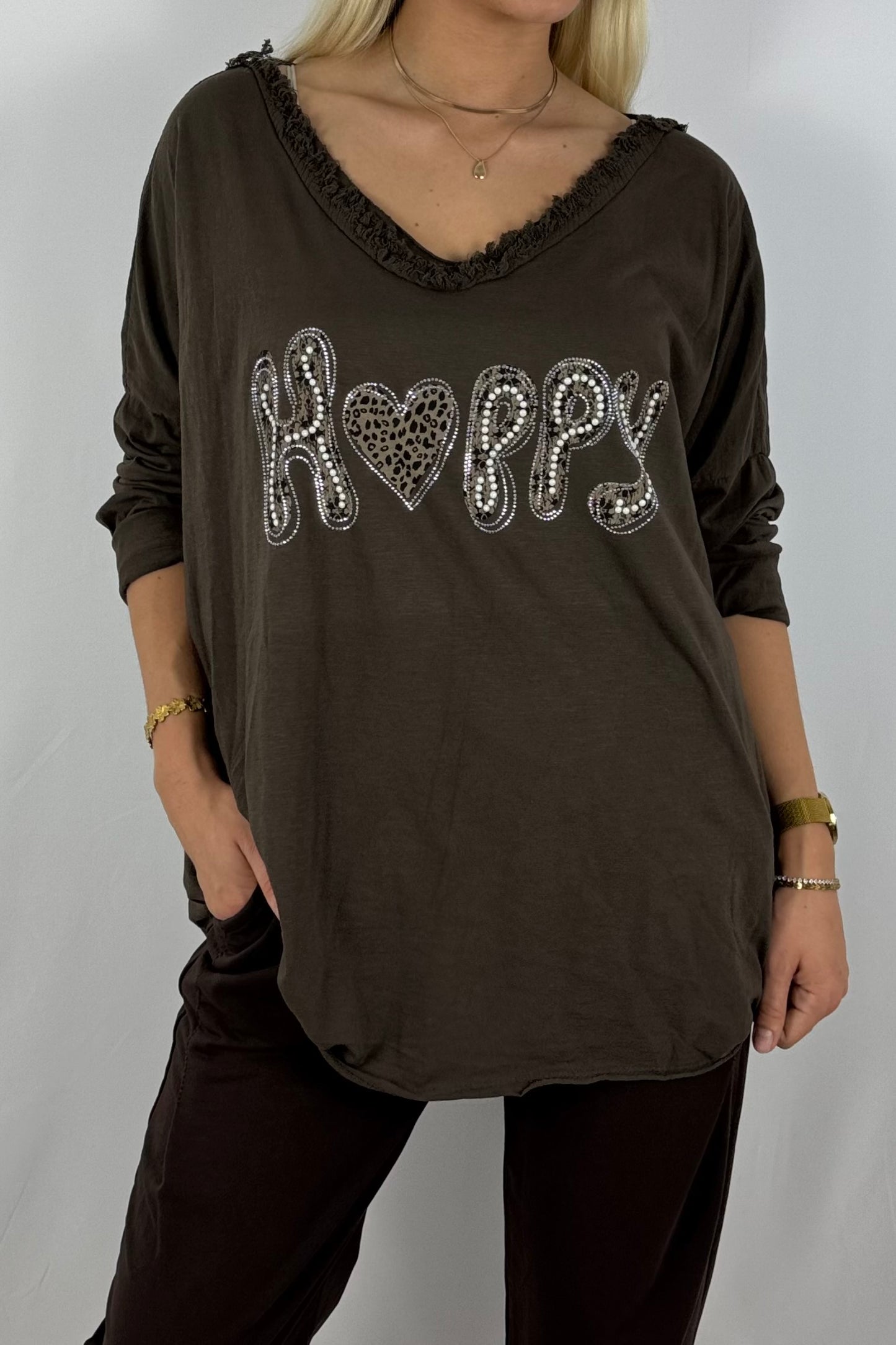 Damen Oversize Shirt – Happy Print-Schoko