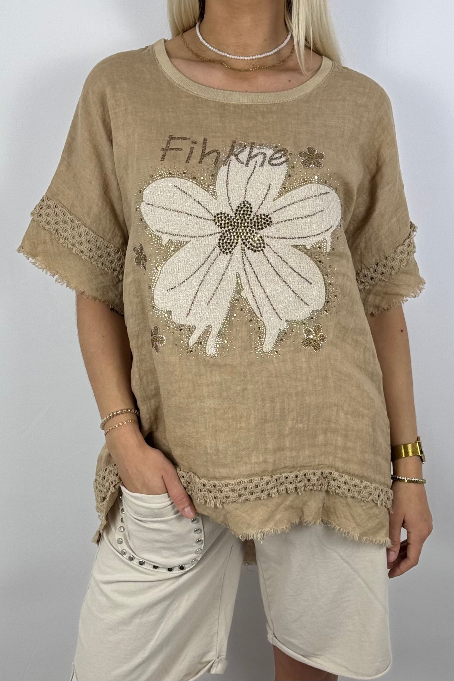 Leinen-Shirt mit Blumenprint & Häkel-Details-Safari