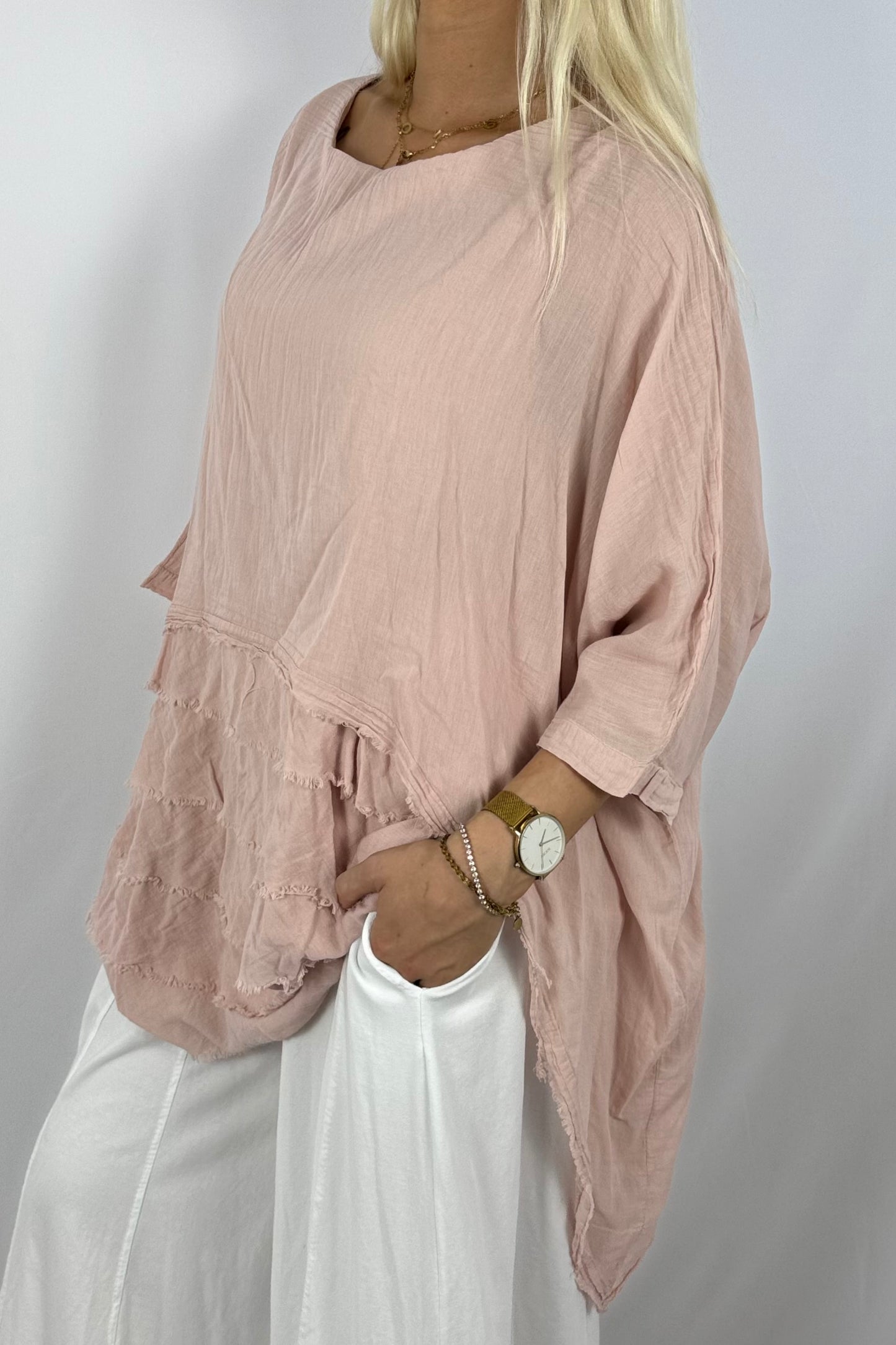 Oversize Baumwollshirt mit Volant-Rückseite-Rosa
