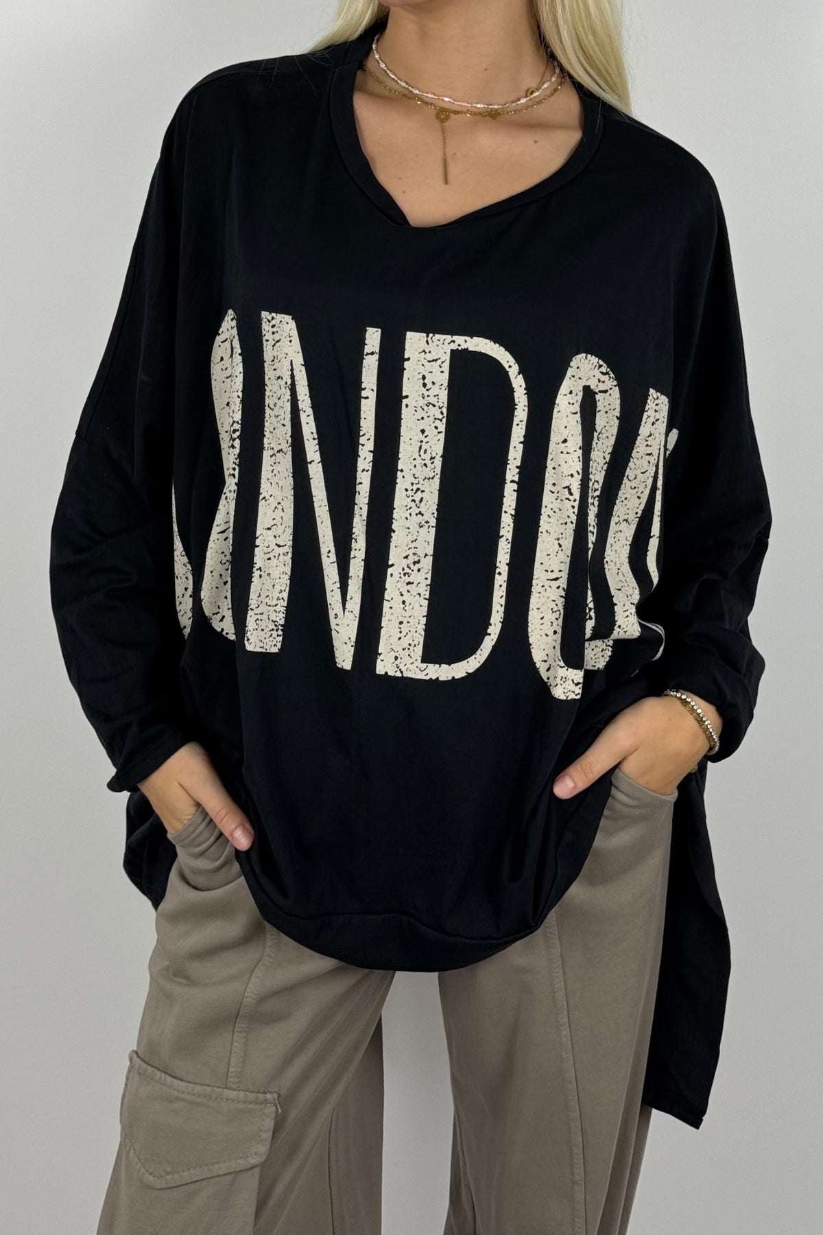 Oversize Shirt mit „LONDON“-Print – Schwarz