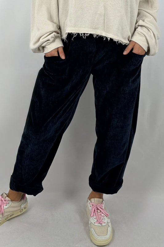 Damen Hose – Samtoptik mit Leo-Kordel-blau