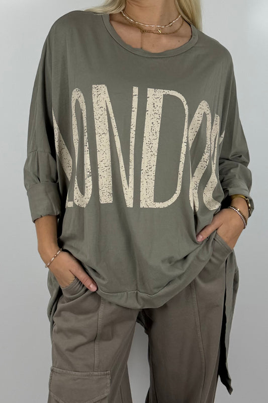 Oversize Shirt mit „LONDON“-Print – Mud