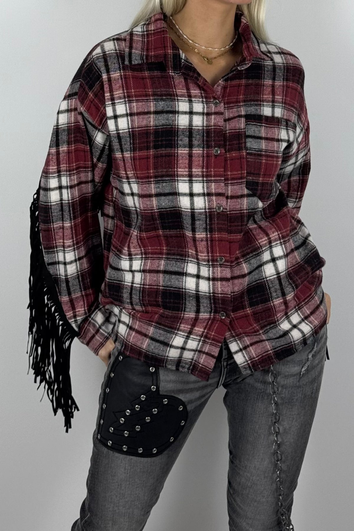 Damen-Karobluse mit Fransen-Bordeaux