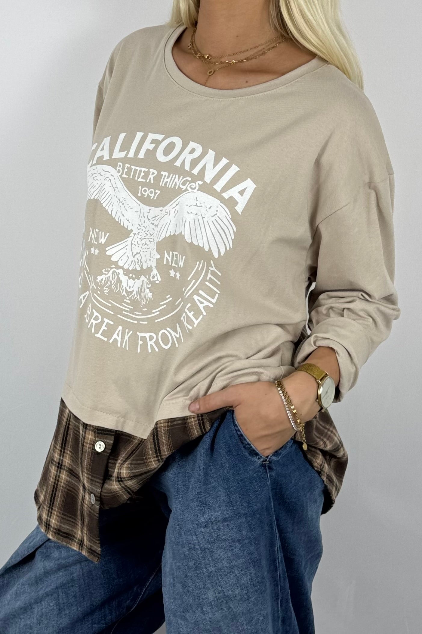 Damen Layering-Shirt „California“ – Karomuster-Look-Beige
