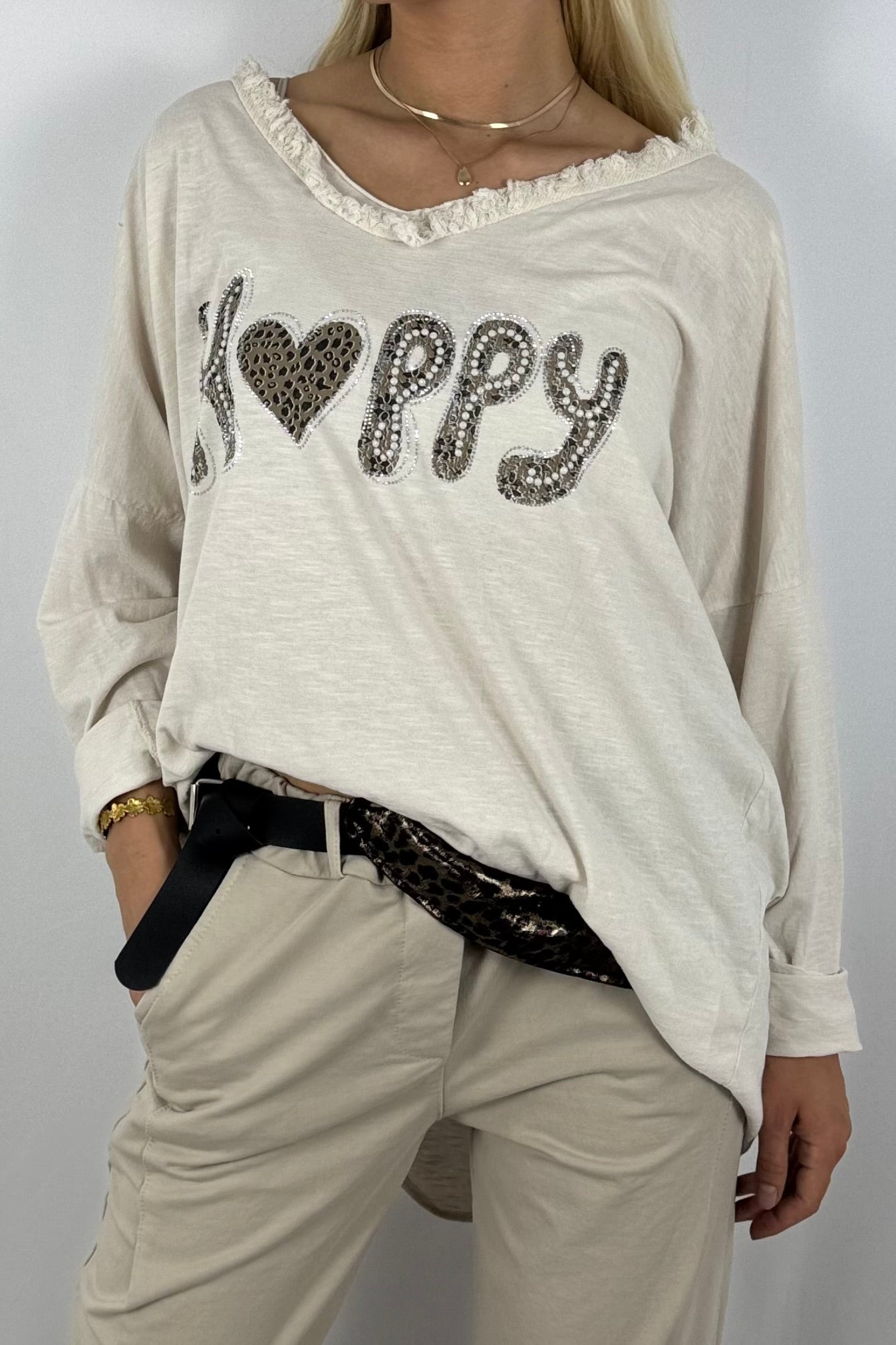 Damen Oversize Shirt – Happy Print-Beige