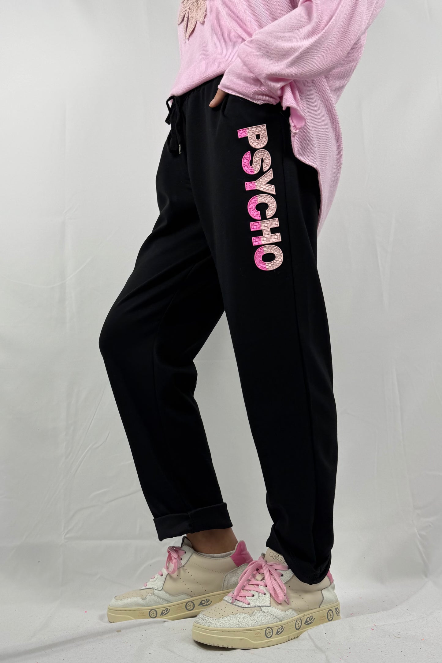 Hose mit elastischem Bund & Schriftzug „PSYCHO“-Schwarz
