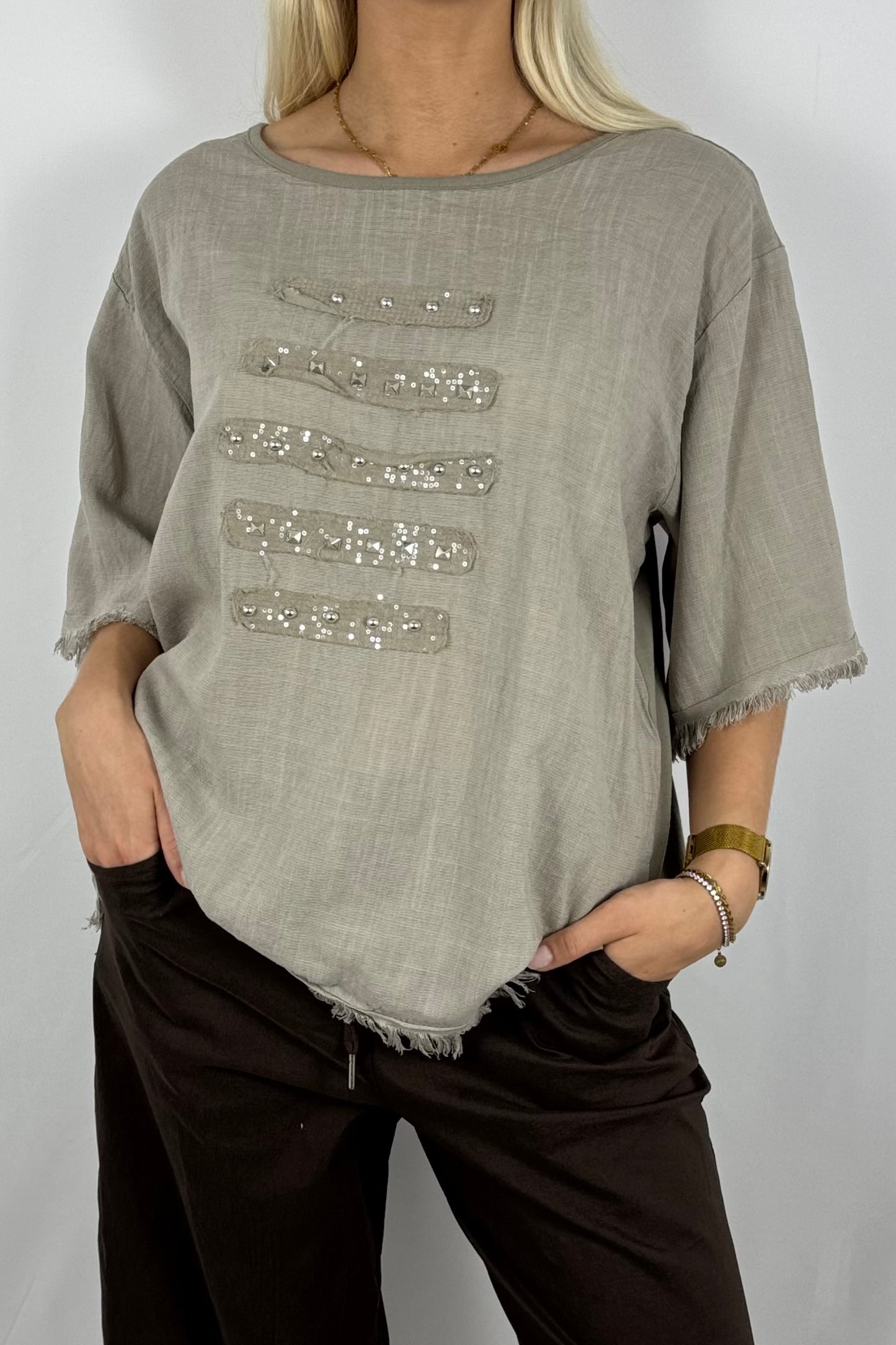 Leinen-Shirt mit Fransen & Nieten-Details-Mud