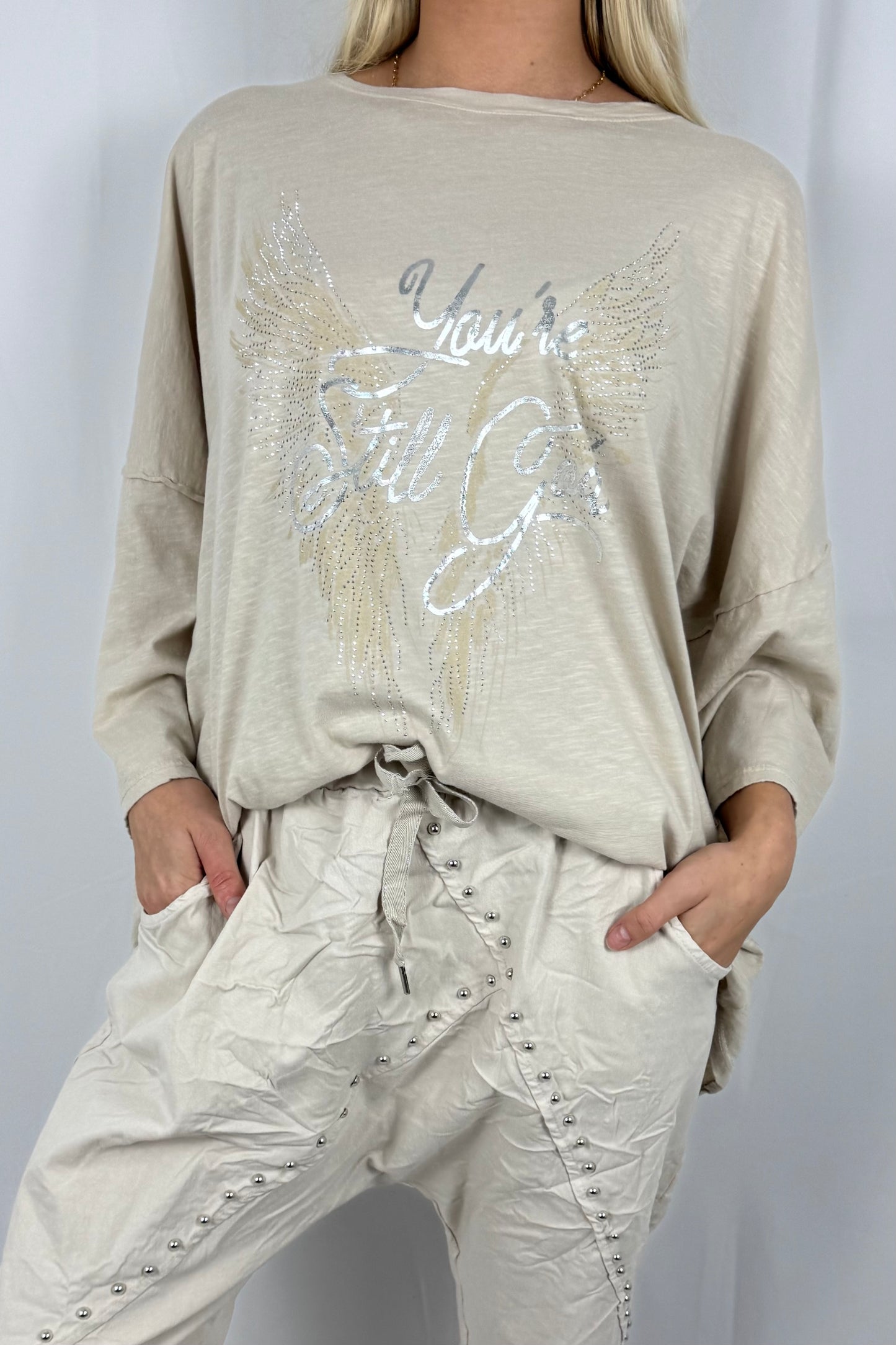 Damen Oversize Shirt mit You’re Still Good Print-Beige