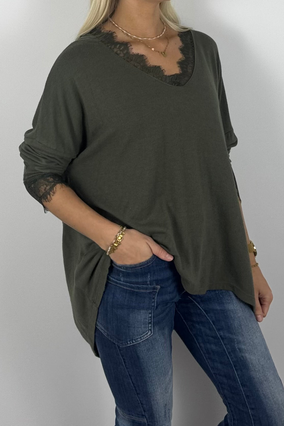 Damen Oversize Shirt mit Spitzen-Details –Khaki