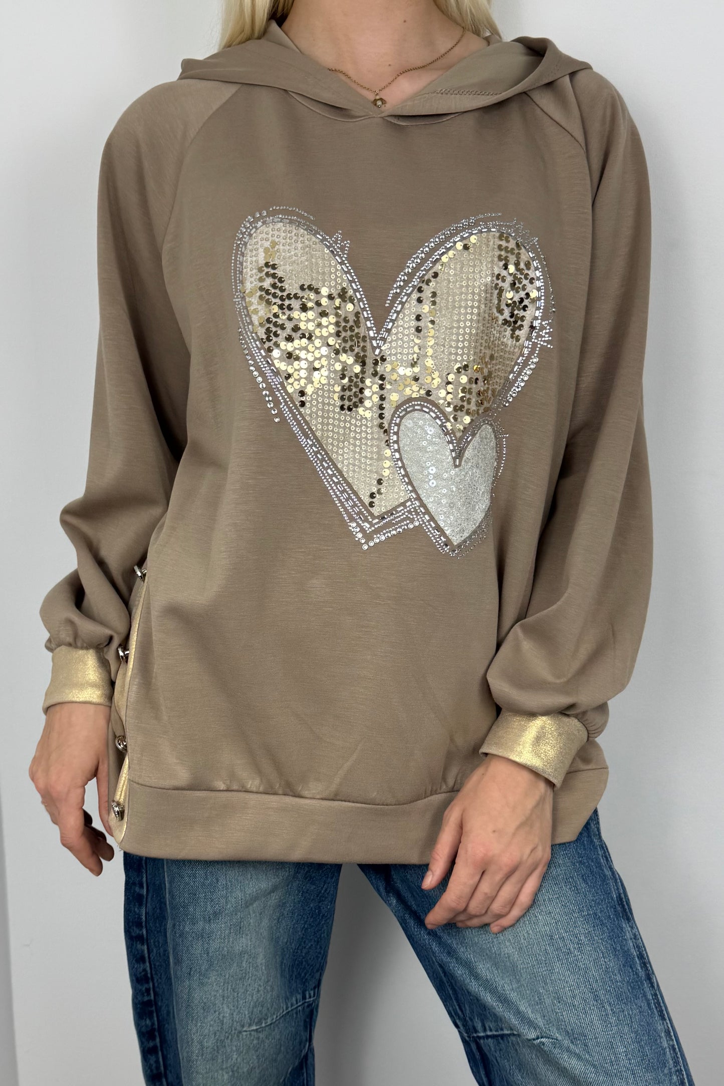 Hoodie mit Herz-Applikation und Glitzer-Details-Mud