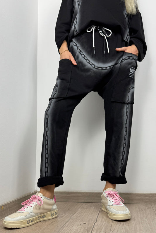 Hose mit Ketten-Print und Taschen –Schwarz