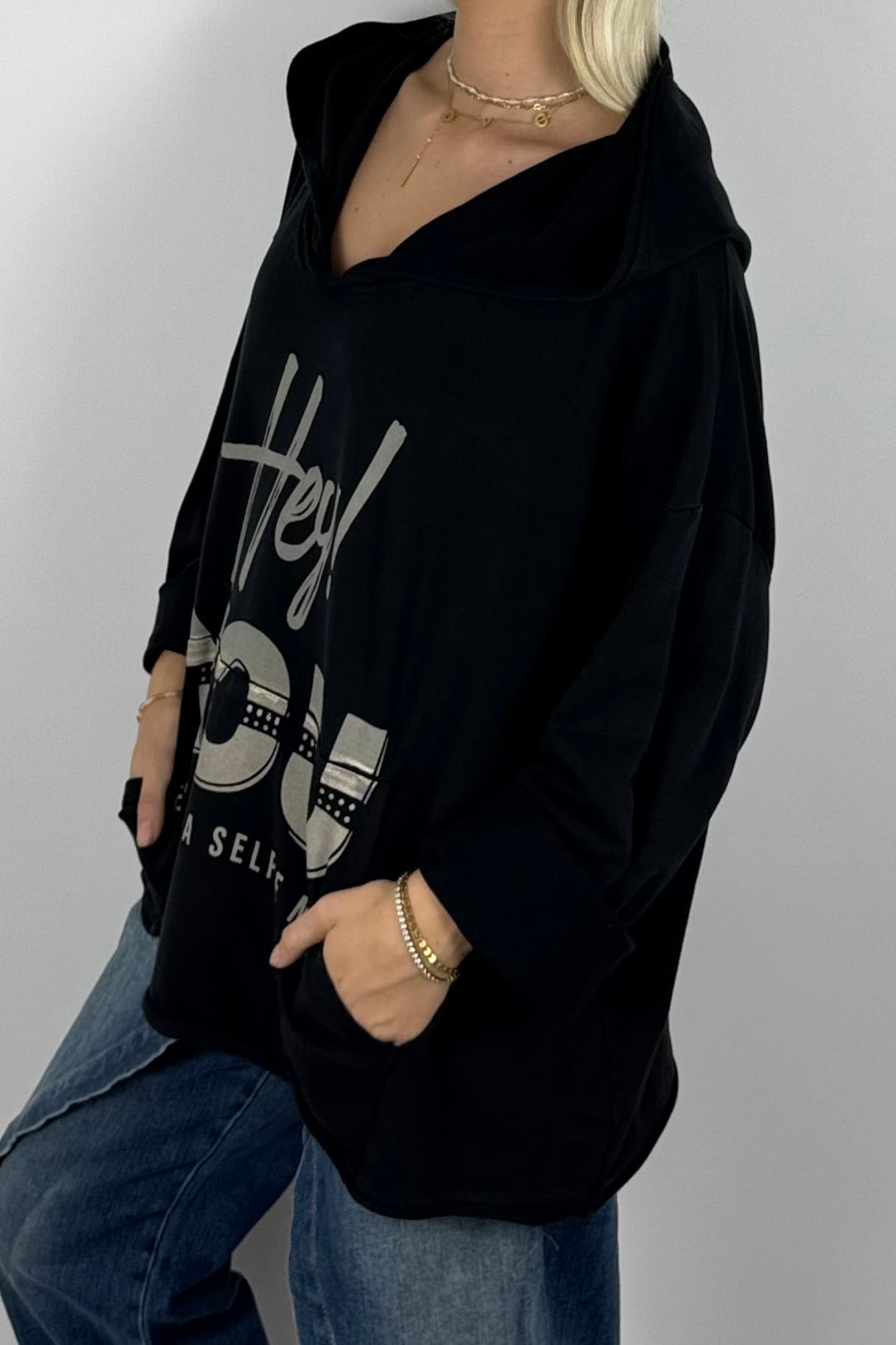 Damen Oversize Hoodie „Hey You“ mit Kapuze – Schwarz