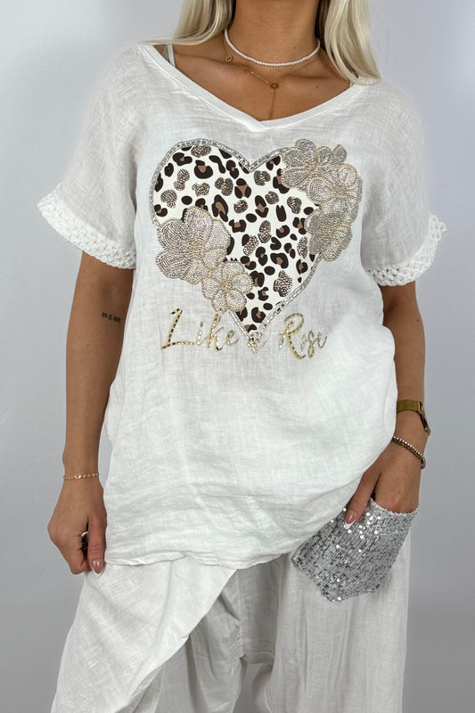 Leinen-Shirt mit Herzmotiv und Strass-Weiß