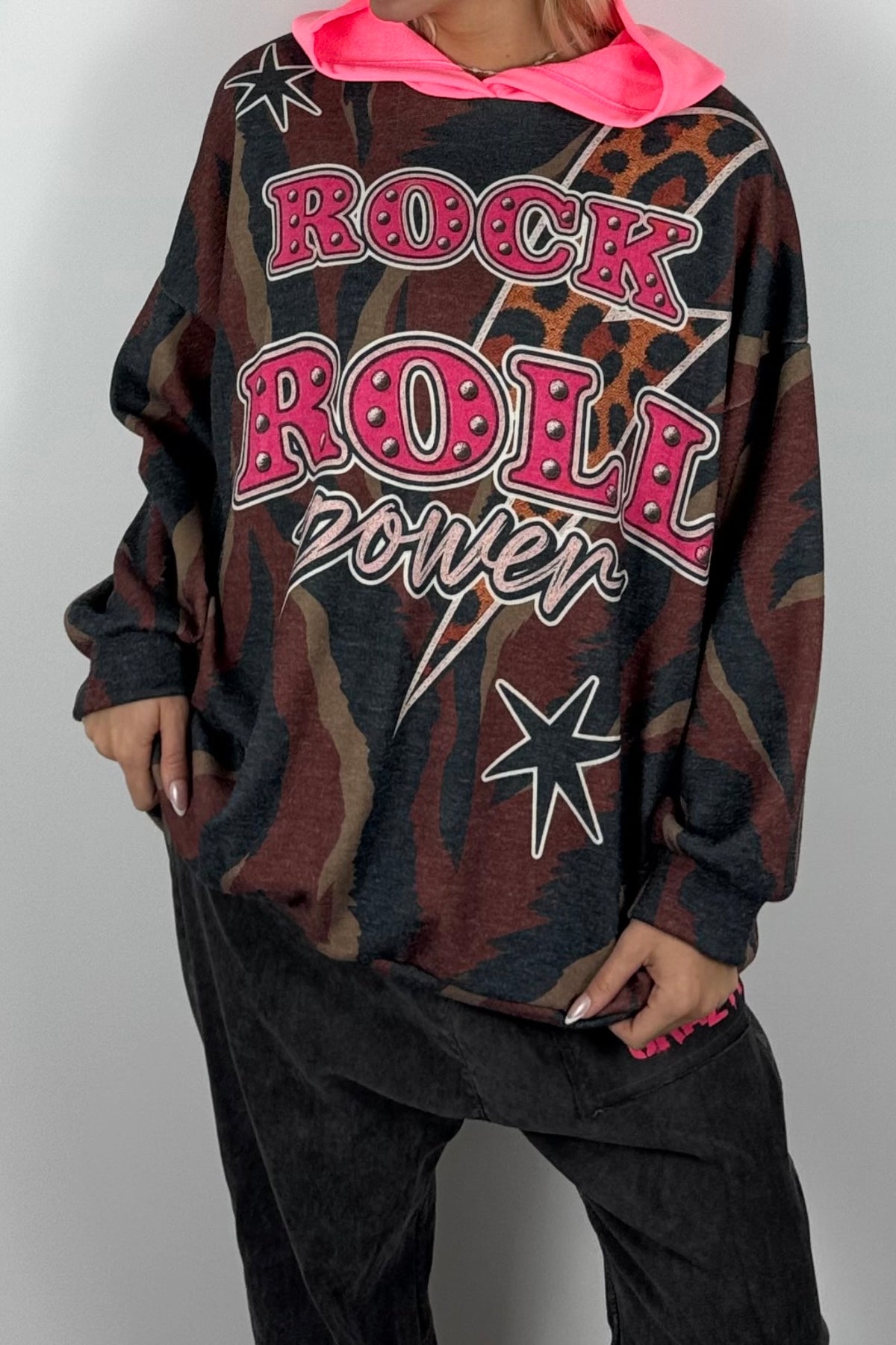 Damen Oversize Hoodie „Rock & Roll Power“-Schoko