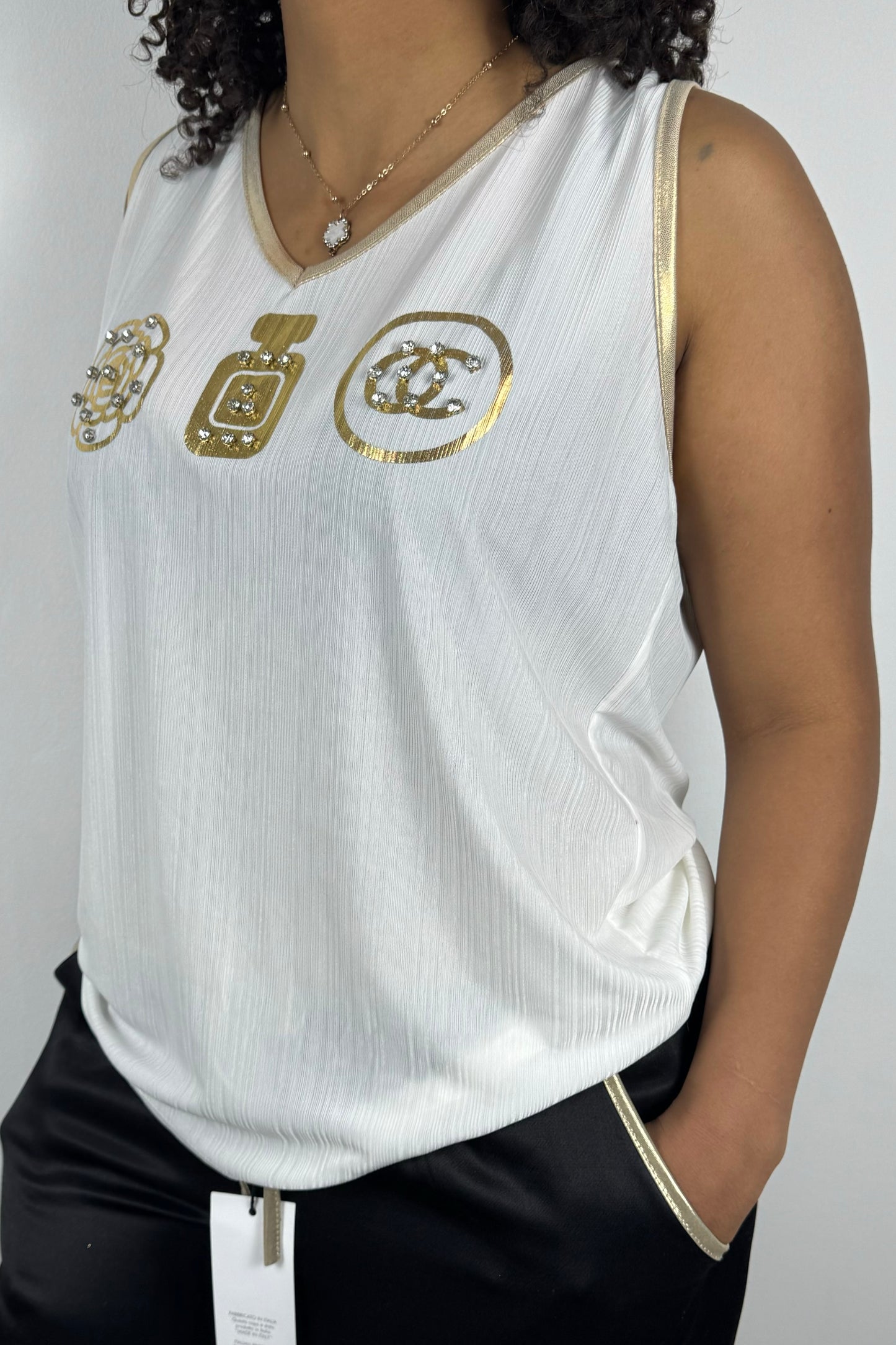Weißes Damen-Top mit Goldprint & Strass-Details