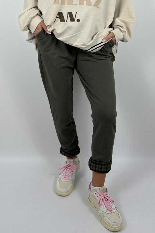 Damenhose mit Karomuster-Details & Bindegürtel-Khaki
