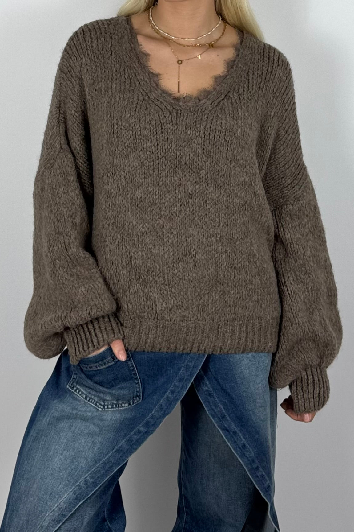 Damen Oversize Strickpullover mit V-Ausschnitt –Mud