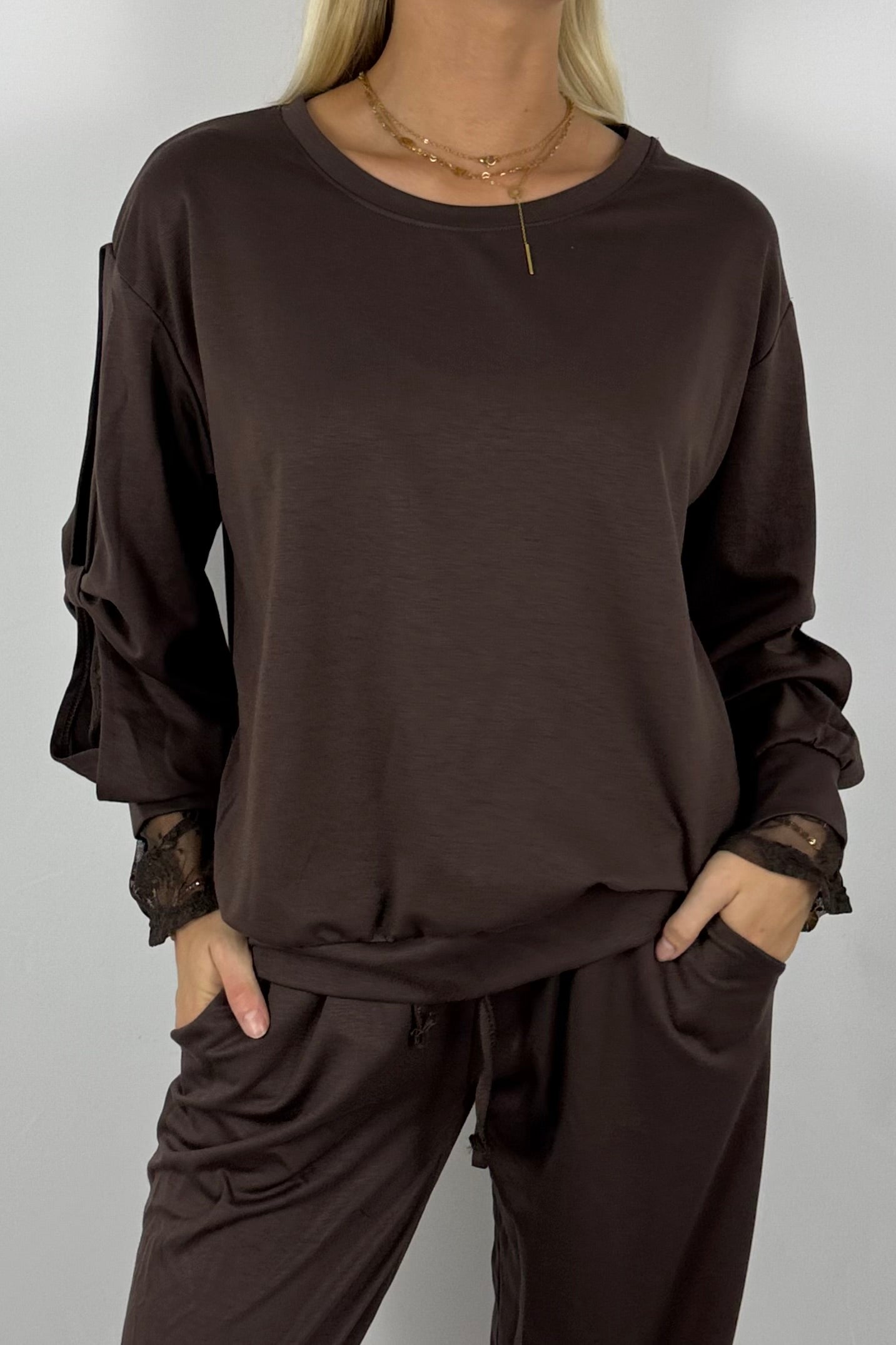 Damen Sweatshirt aus Viskose – Oversize mit Raffärmeln-Schoko