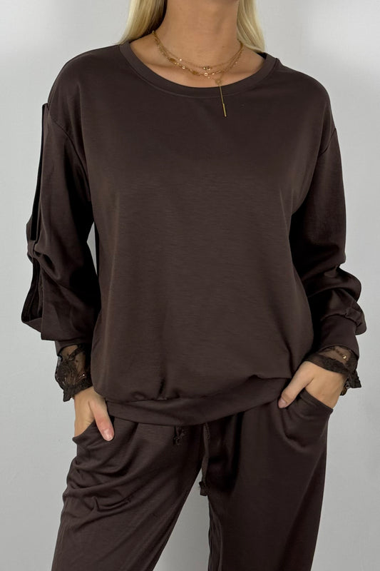 Damen Sweatshirt aus Viskose – Oversize mit Raffärmeln-Schoko