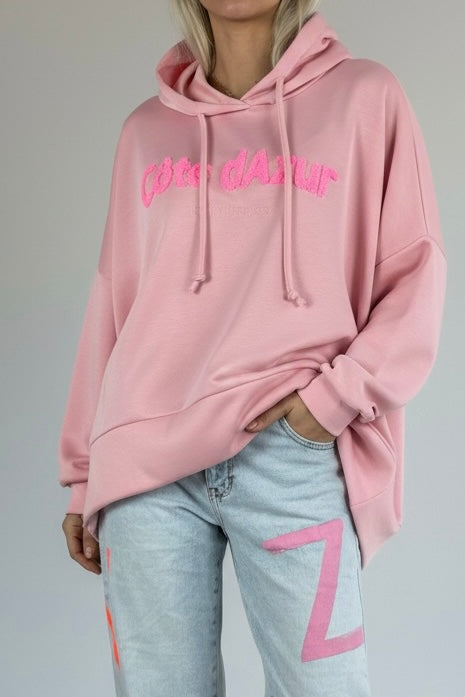 Oversize Hoodie mit Schriftzug „Côte d’Azur“-Rosa