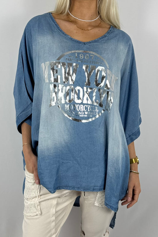 Oversize-Shirt mit V-Ausschnitt und New York Print-Blau