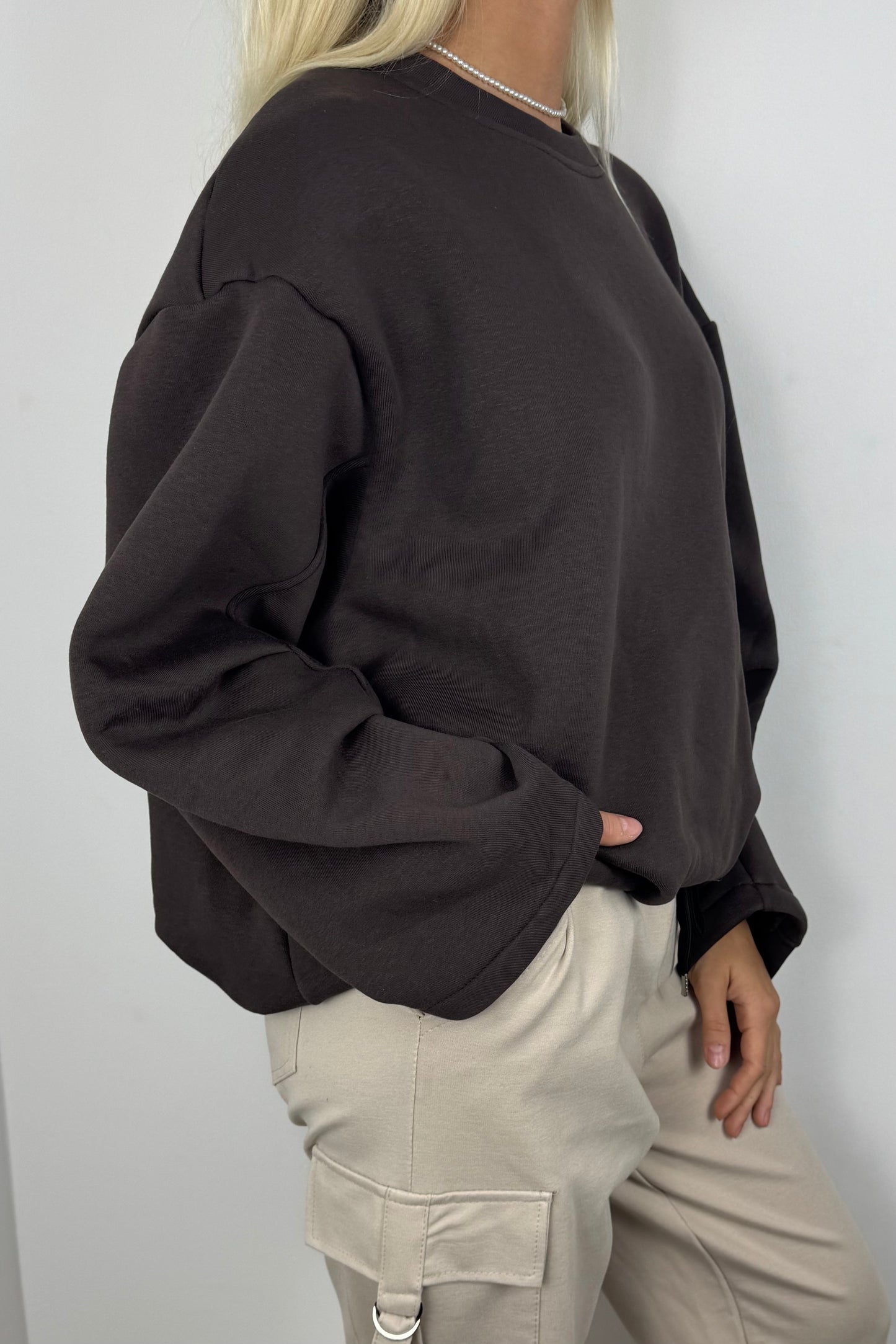 Damen Oversize Sweatshirt mit Rundhalsausschnitt –Choco