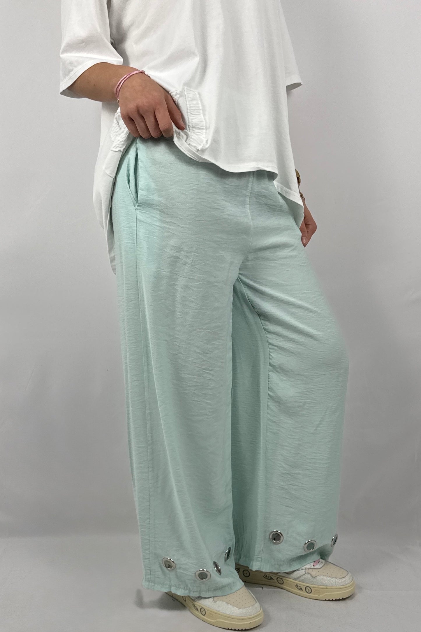 Damen Hose mit weitem Bein und Ösen Details-Mint