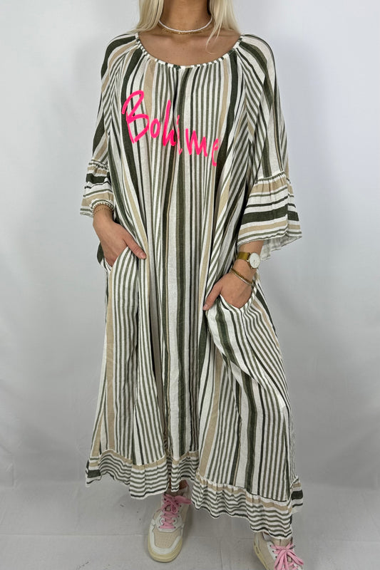 Oversize-Kleid „Bohéme“ mit Streifenmuster-Khaki