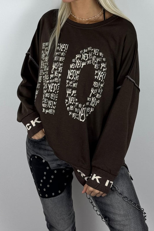 Damen-Sweatshirt mit „NO“-Print und „Rock It“-Bündchen-Schoko