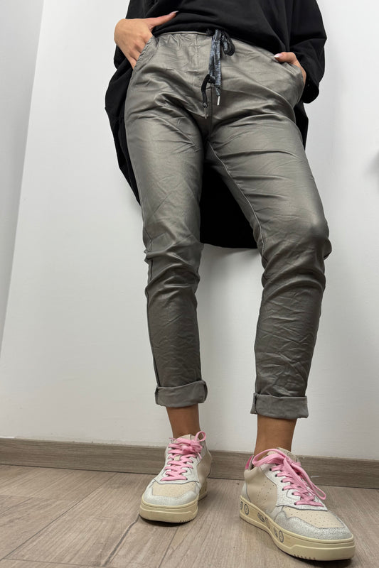 Glanz-Effekt Jogpants mit Kordelzug –Silber