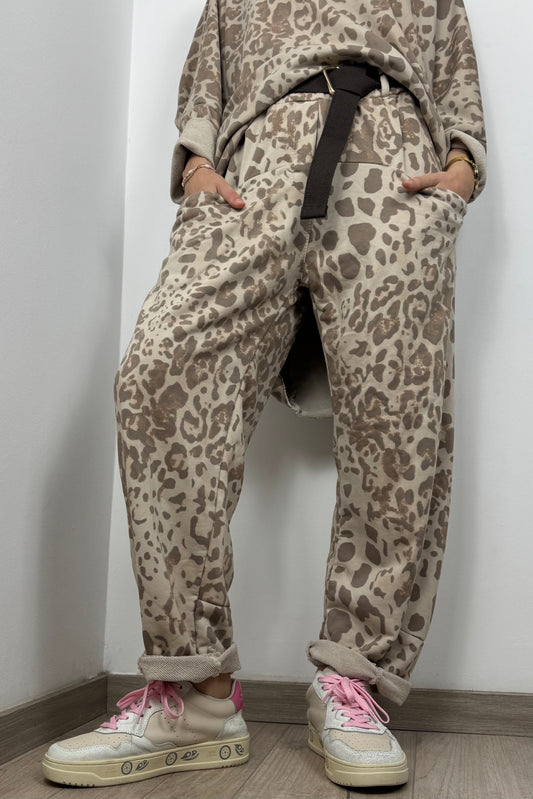 Jogpant mit Animal-Print und Gürtel-Beige